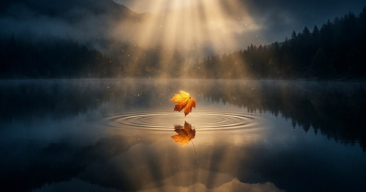 Un paisaje sereno al amanecer con una hoja luminosa cayendo sobre un lago calmo rodeado de niebla.