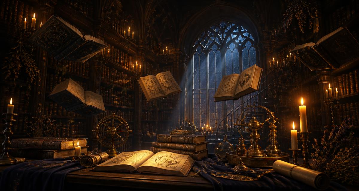 Biblioteca de la Escuela de Magia Wicca iluminada por velas