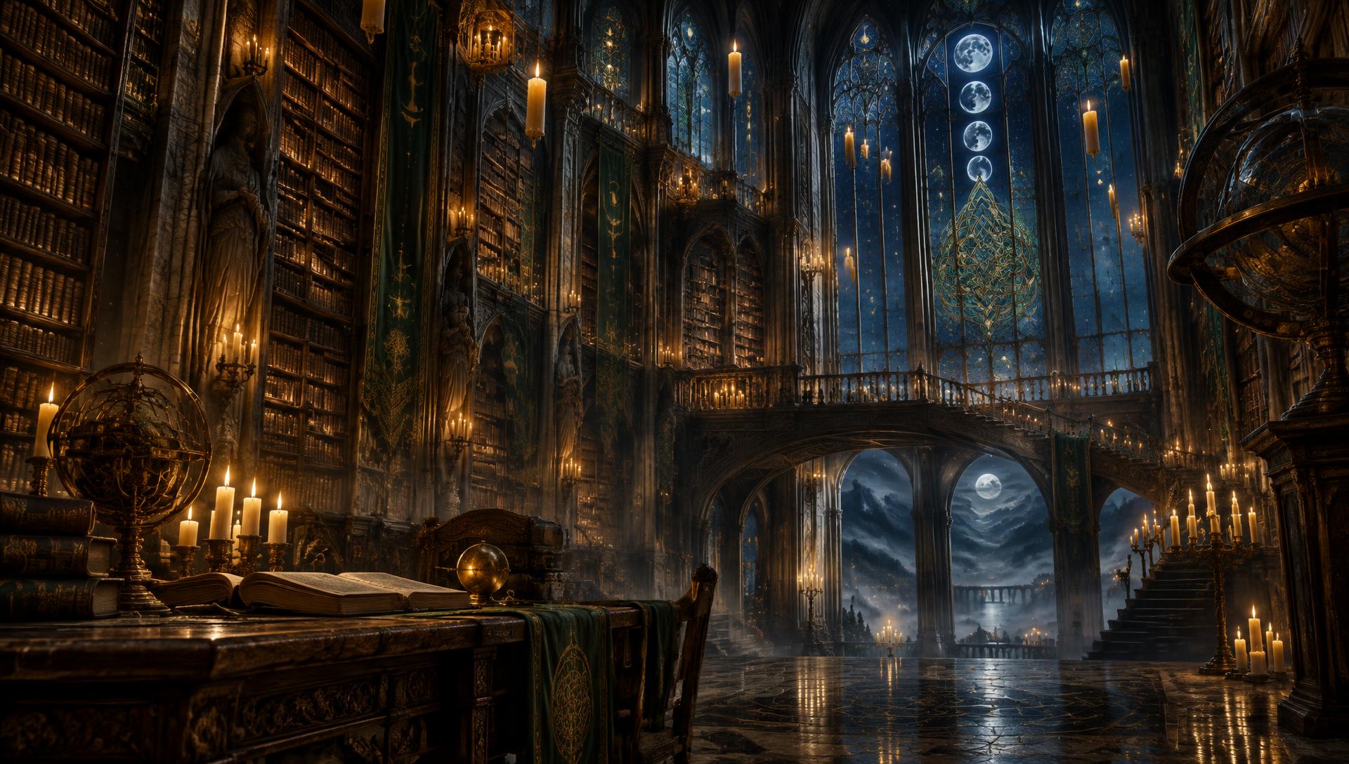 Gran biblioteca de una antigua academia de magia iluminada por velas