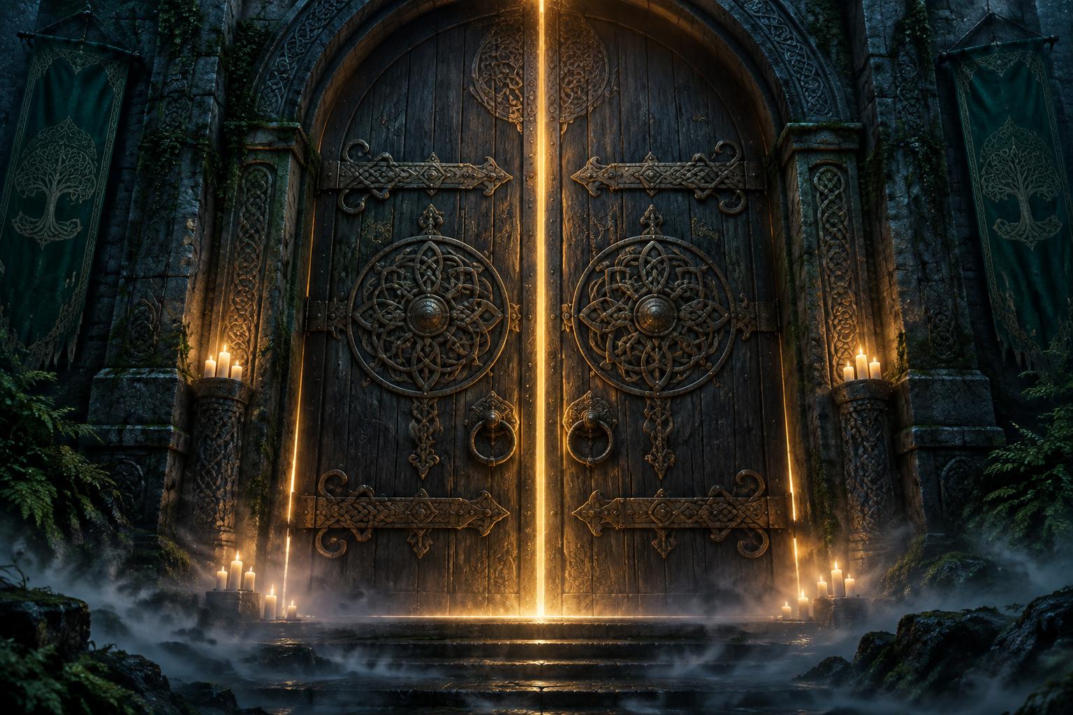 Gran puerta antigua iluminada desde dentro