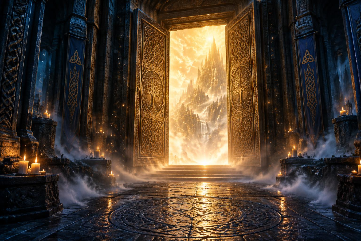 Gran puerta mágica abierta con luz dorada